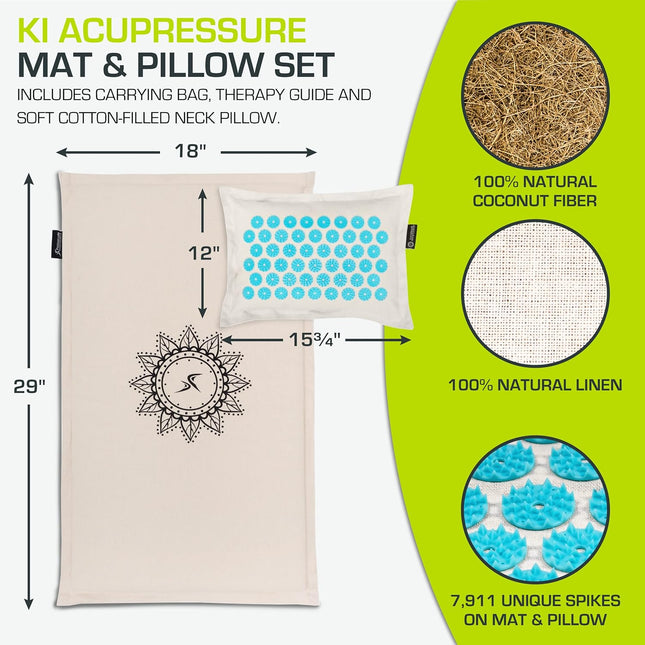 ProsourceFit Ki Acupressure Mat and Pillow Set with 100% Natural Linen for Back/Neck Pain Relief and Muscle Relaxation N