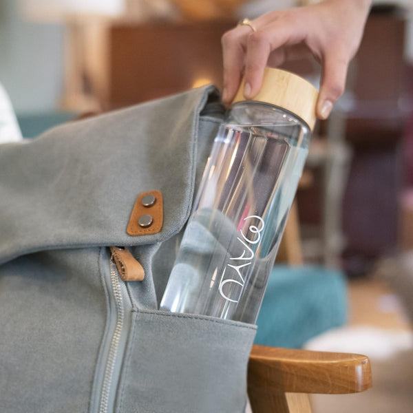 Mayu Water Bottle with Bamboo Lid, Eco Friendly & BPA Free, Plastic Free Borosilicate Glass Bottle - Zero Leak Design - for Outdoor Picnic,