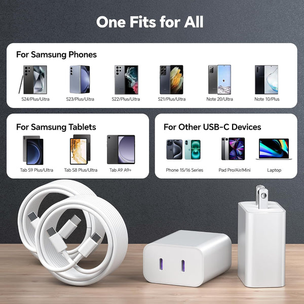Compatible with iPhone 17/16/15 Charger Fast Charging, Dual Port 20W USB C Wall Charger Block Type C to Type C 10ft Long USB C Fast Charing Cable