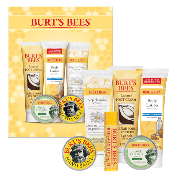 Burt's Bees Timeless Minis Kit, With Coconut Foot Cream, Milk and Honey Body Lotion, Deep Cleansing Cream, Res-Q Ointment, Hand Salve and Beeswax