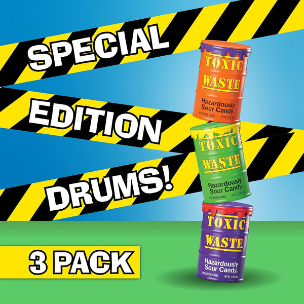 Toxic Waste Hazardously Sour Candy Drums, 5 Flavors + Mystery, 3 Pack 1.7 Ounce (Pack of 3)