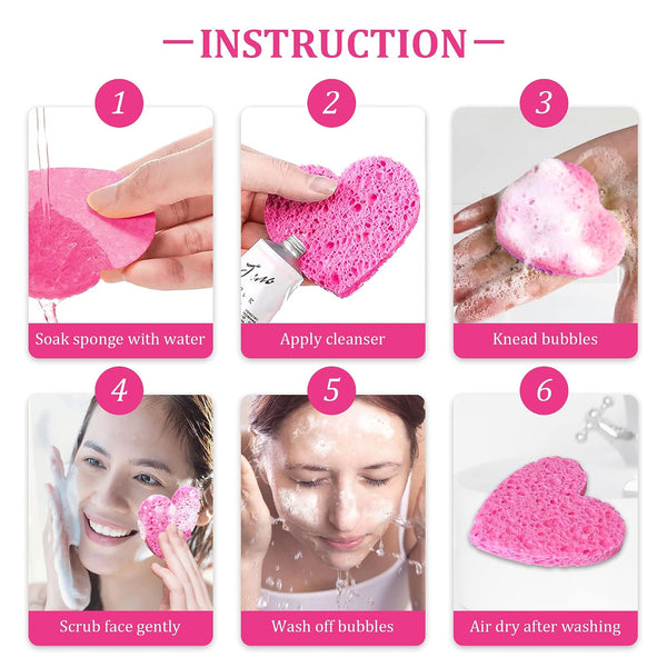 50-Count Kickleen Compressed Cellulose Heart Shape Facial Sponges | Natural Cosmetic Spa Sponges for Facial Cleansing | Exfoliating | Makeup Mask