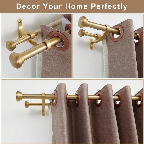 Modern Double Curtain Rods, Warm Gold Curtain Rod 72-144 Inch Length Drapery Rods with Simple Decorative End Caps 1 Inch Front and 5/8 Inch