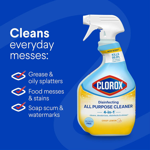 Clorox Disinfecting All-Purpose Cleaner, 32 fl. Oz., and Bathroom Cleaner, Bleach Free, Household Essentials, Cleans Dirt and Grime Off Most