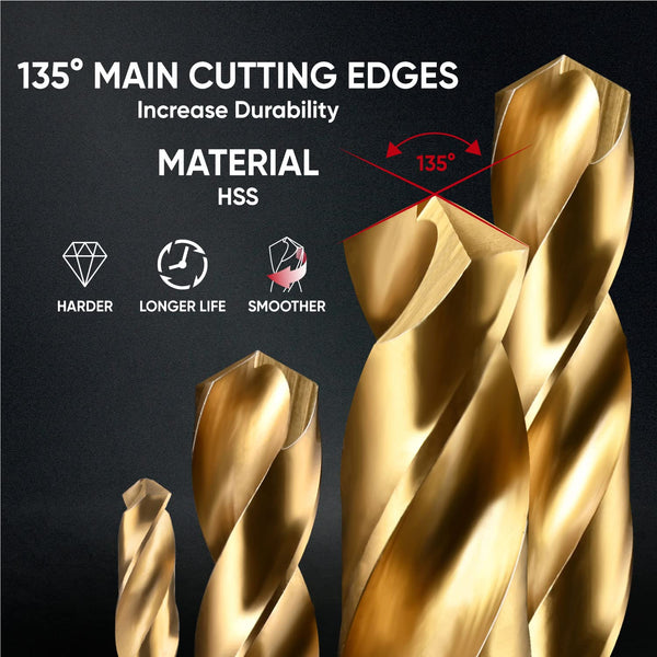 amoolo Hex Shank Drill Bit Set (13Pcs Set+3 Pcs Free), Premium 4341 HSS Titanium Impact Hex Drill Bits for Wood, Steel, Metal, Plastic, Quick