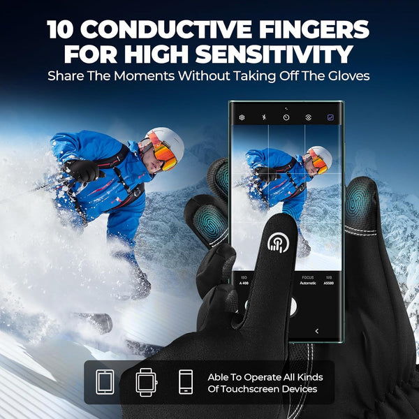 krosa Winter Gloves For Men Women Made with 3M Thinsulate, Waterproof Ski Gloves for Cold Weather with 10 Touchscreen Fingers Black Large