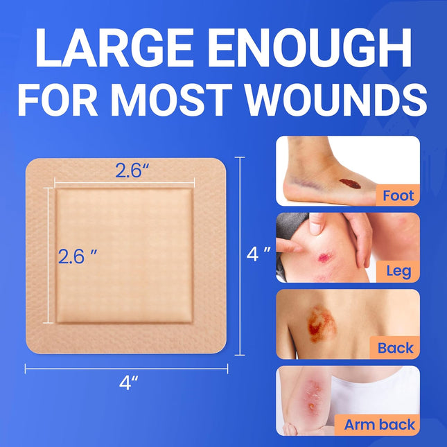 Large Waterproof Bandages 4X4 Silicone Foam Dressing for Sensitive Skin Wound Ca