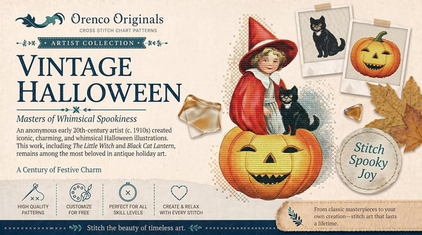 Orenco Originals Girl Black Cat Pumpkin Victorian Halloween Counted Cross Stitch Pat. Orenco Originals Girl Black Cat Pumpkin Victorian Halloween