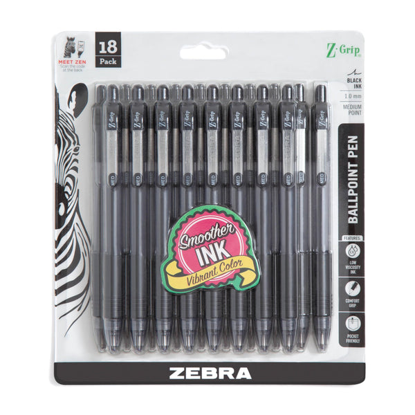 Zebra Pen Z-Grip Retractable Ballpoint Pen, Black Ink, 1.0mm, 18-Pack Black F 1 Count (Pack of 18)