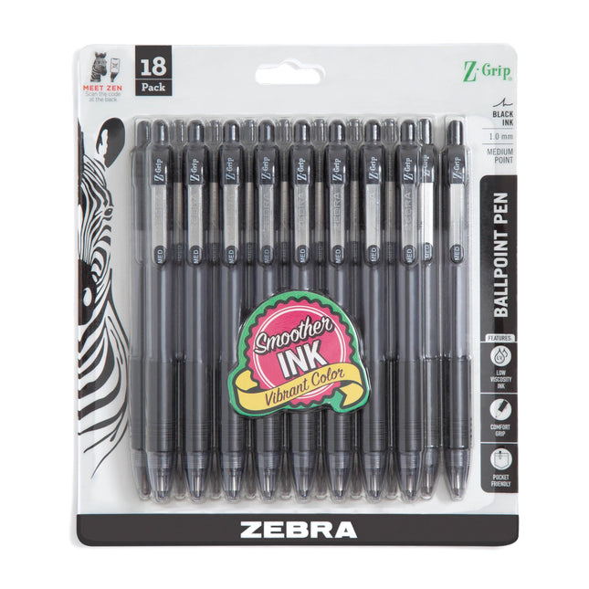 Zebra Pen Z-Grip Retractable Ballpoint Pen, Black Ink, 1.0mm, 18-Pack Black F 1