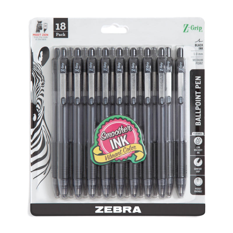 Zebra Pen Z-Grip Retractable Ballpoint Pen, Black Ink, 1.0mm, 18-Pack Black F 1 Count (Pack of 18)