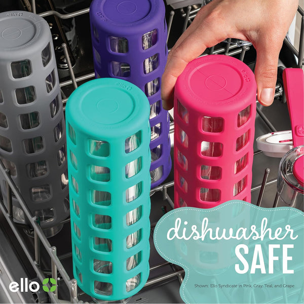 Ello Syndicate 20Oz Reusable Glass Water Bottle with One-Touch Leak Proof Flip Lid and Protective Non-Slip Silicone Sleeve and Carry Loop for