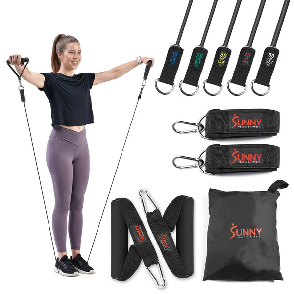 Sunny Health & Fitness Premium Resistance Band Set with Door Anchors, Wrist Straps, Handles Carry Bag Optional Padded Ankle Straps (Pair) for