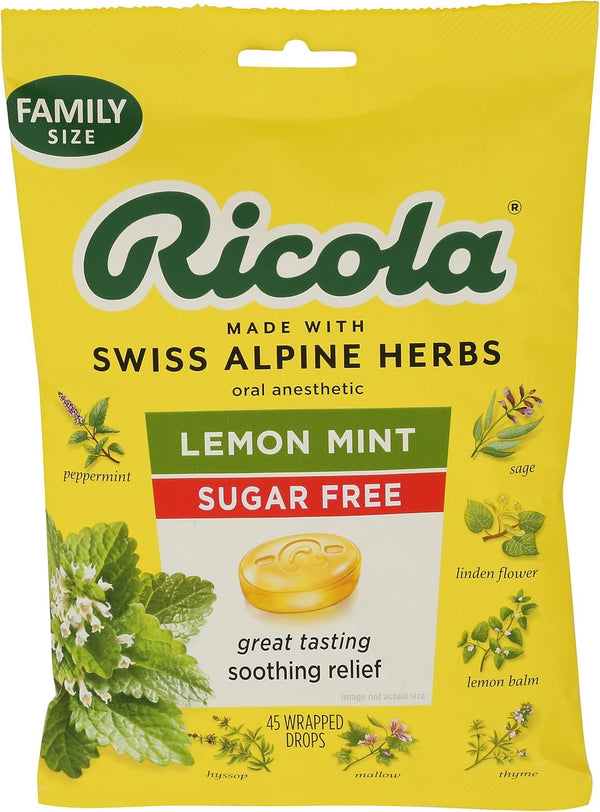 Ricola Big Bag Sugar Free Lemon Mint Cough Drops, 45 Drops, 1 Count Sugar Free Lemon 45 Count (Pack of 1)