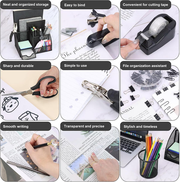 SYMDROMIA 13-in-1 Office Desk Organizer Set with Stapler and Tape Dispenser, Pen Holder, Scissors, Ruler, Hole Punch, 2 Pens & More Desktop