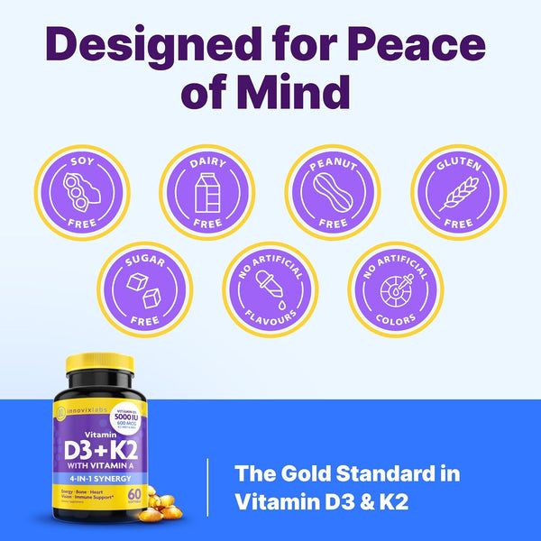 InnovixLabs Vitamin D3 K2-5000 IU Vitamin D3 Plus 600 mcg Vitamin K2 MK4 and MK7 for Max Calcium Absorption, Supports Bone, Immune, Heart Health,