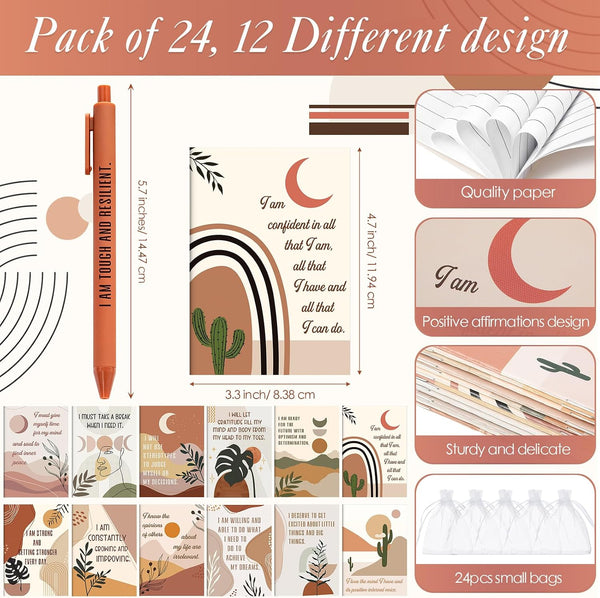 Mooliwe 24 Set/48 Pcs Positive Affirmation Gift Set Gratitude Notebooks with Pens Small Bags Motivational Encouragement Notepads Daily