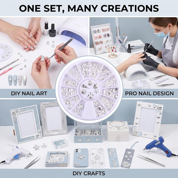 120Pcs/Pack Sliver Nail Art Decorations Mini Ocean Accessories Nail Art Rhinestones Silver Shell Conch Nail Charms Manicure Decor DIY Nail
