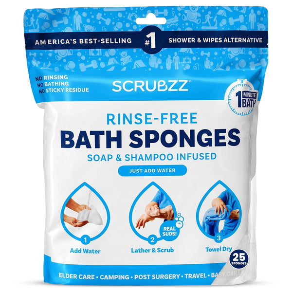 Scrubzz Disposable Rinse Free Bathing Wipes - 25 Pack - All-in-1 Single Use Shower Wipes, Simply Dampen, Lather, and Dry Without Shampoo or