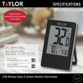 Taylor Wireless Digital Indoor Outdoor Thermometer, Easy to Read Numbers for Patio, Pool, and Indoor Areas, LCD, Black Black Thermometer