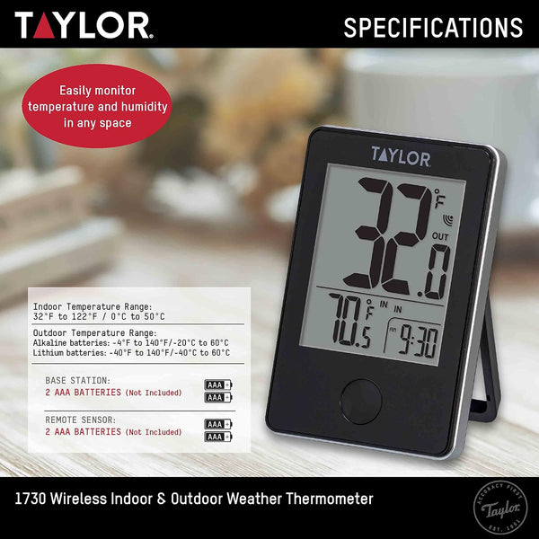 Taylor Wireless Digital Indoor Outdoor Thermometer, Easy to Read Numbers for Patio, Pool, and Indoor Areas, LCD, Black Black Thermometer