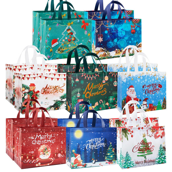 YANGTE 16 Pack Christmas Tote Bags with Handles, Non-Woven Gift Bags, 12.8" 9.8" 6.7 16-Pack