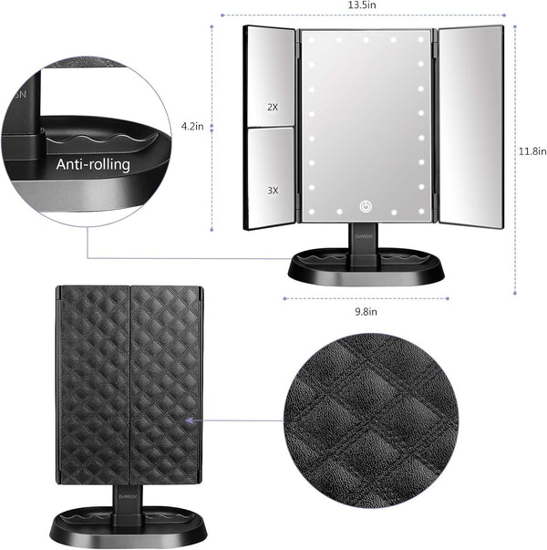 deweisn Trifold Lighted Vanity Makeup Mirror with 21 LEDs Lights,1x/2x/3x Magnification and Touch Screen Dimming,Two Power Supplies Makeup Mirror,
