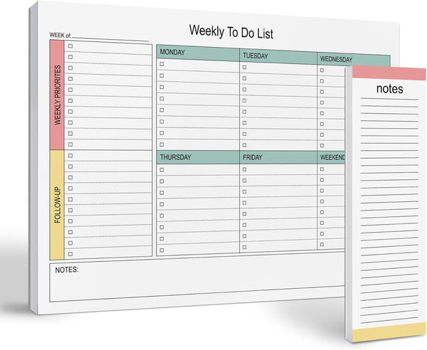 Large Weekly Planning Pad and Matching Notepad, 52 Letter Size Tear-Off Sheets, 8.5' X 11' Undated Weekly Desk Planner Pad, Daily Schedule, to Do