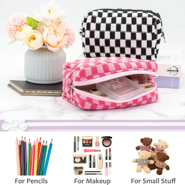 PAZIMIIK Checkered Makeup Bag for Purse Portable Zipper Make Up Pouch Small Cosmetic Case for Travel Accessories (Hotpink) Hotpink 1 Pack Box Pouch