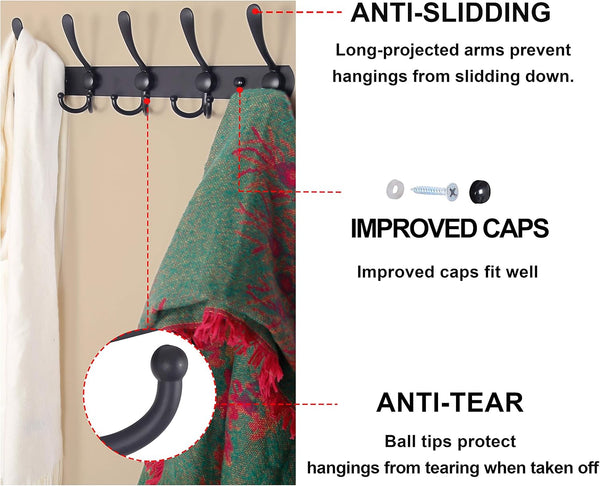 Dseap Coat Rack Wall Mounted - 5 Tri Hooks, Heavy Duty, Stainless Steel, Metal Coat Hook Rail for Coat Hat Towel Purse Robes Mudroom Bathroom