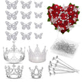Flower Bouquet Accessories Including 4Pcs Crown Cake Topper Mini Tiara,12 Butterfly Decorations and 50Pcs Bouquet Pins for Birthday Wedding Silver