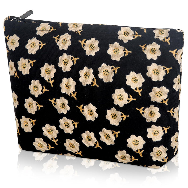 Cosmetic bag Makeup bag Preppy Cute Corduroy Toiletry bag for women travel essentials (Flower black)