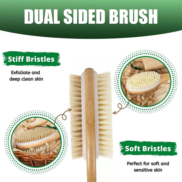 Back Scrubber, 43cm Long Wooden Double-Sided Shower Body Brush with Soft and Stiff Bristles for Exfoliating Skin