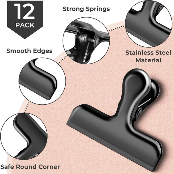 ANZNKU Chip Clips 12 Packs, Black Metal Bag Clips for Food Storage, Stainless Steel Food Clip for Bread Snack Coffee, Heavy Duty Chip Bag Clip for