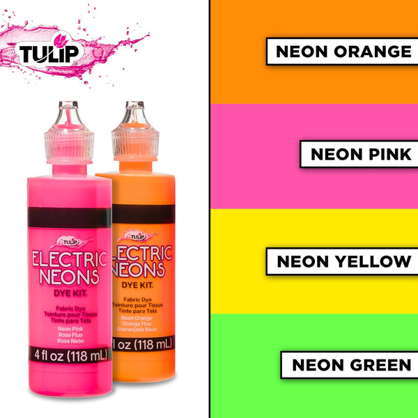 Tulip Electric Neons Tie-Dye Kit, Party Activity, Black Light Reactive Fabric Dye, Pre-mixed Green, Yellow, Orange, Pink, Easy Application &
