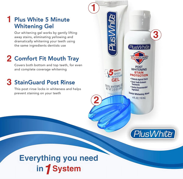 Plus White Premier Whitening System - 5 Minute Speed Whitening Gel, Comfort Fit Mouth Tray & Stainguard Post - Dentist Approved & Professional