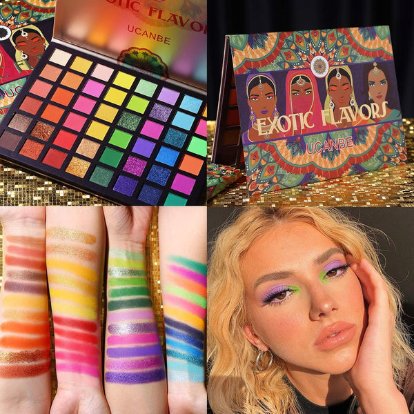 UCANBE EXOTIC FLAVORS Eyeshadow Palette + 15 PCS Eye Brushes Makeup Set 48 Colors Neon Shimmer Matte Glitter Eye Shadow Po.