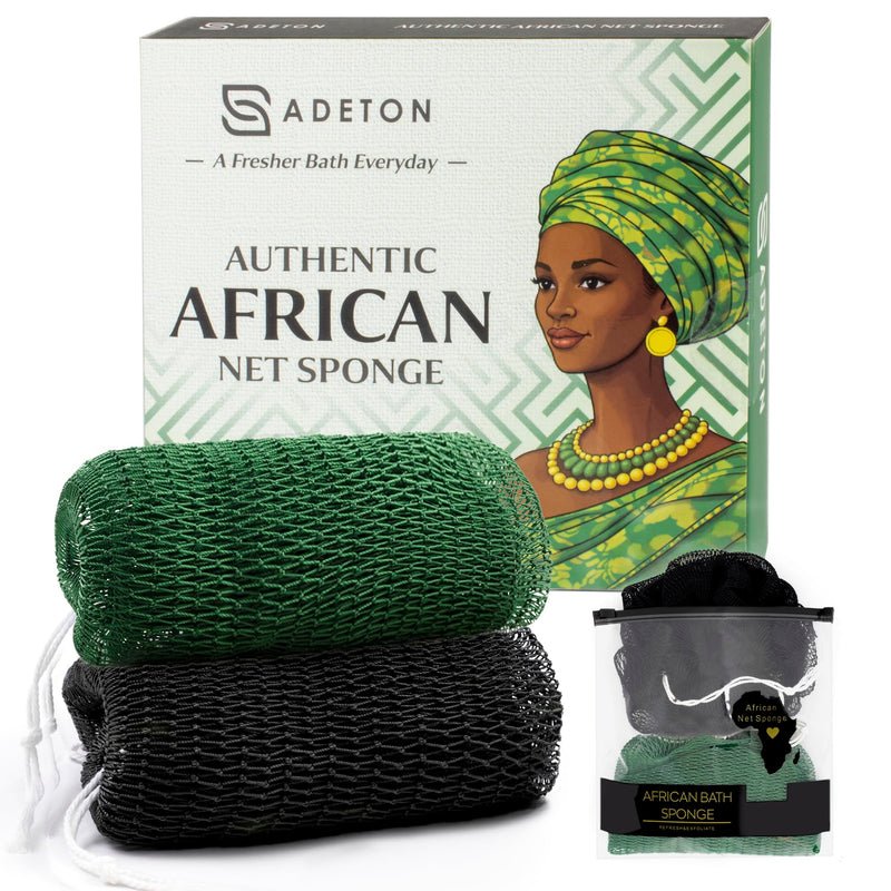 ADETON African Net Sponge Authentic with Knots, 2 Pieces Exfoliating Body Scrubber, Sapo Bath Sponge, Nylon Loofah Washcloth, Back Scrub for