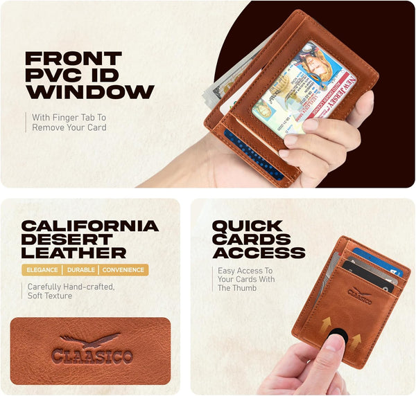 Claasico Front Pocket Small Minimalist Leather Wallet RFID Blocking Vintage Leather Credit Card Holder with Gift Box California Dessert