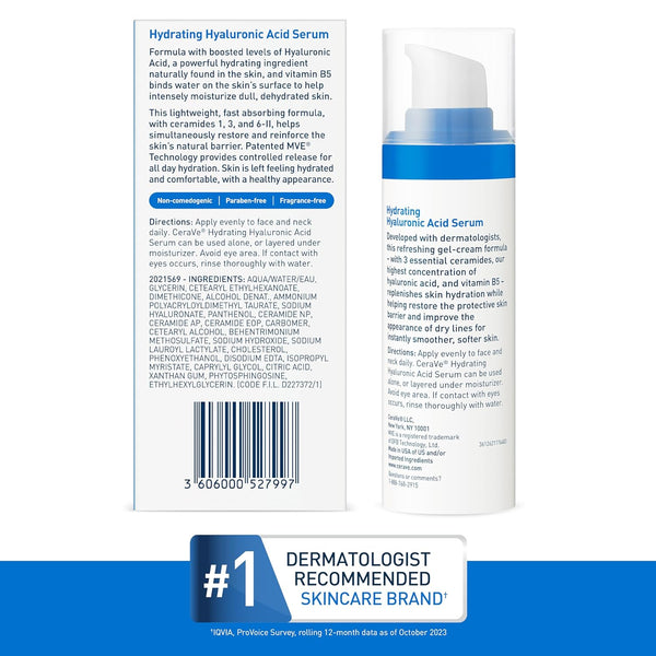 Cerave Hyaluronic Acid Serum for Face with Vitamin B5 and Ceramides, Hydrating Face Serum for Dry Skin, Fragrance Free, 1 Ounce