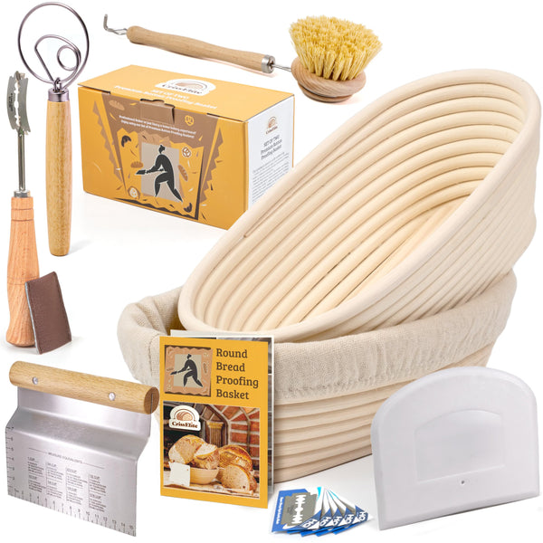 CRISS ELITE 11" Oval Banneton Proofing Basket Set of 2 - Sourdough Starter Kit with Bread Lame, Danish Whisk, Metal & Bowl Scrapers, Cleaning