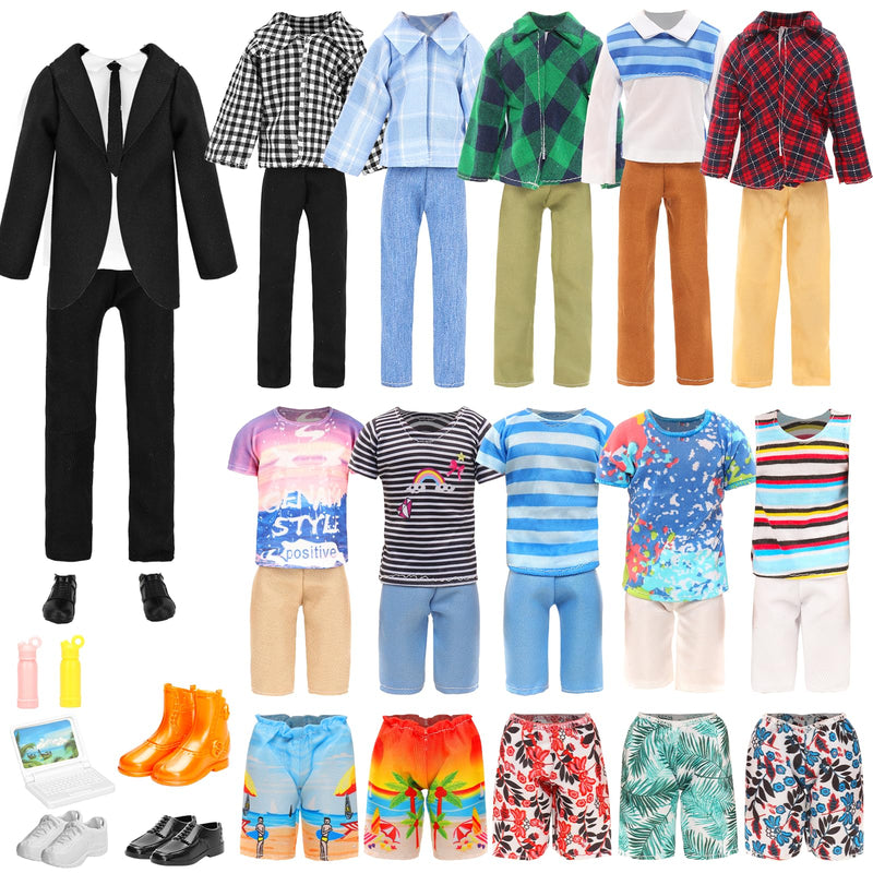 Lot 16 PCS Doll Clothes & Accessories Classic Black Suit for Boy Doll | Include Random 4 PCS Casual Wear + 5 PCS Dolls Pants + 3 Pairs of Shoes