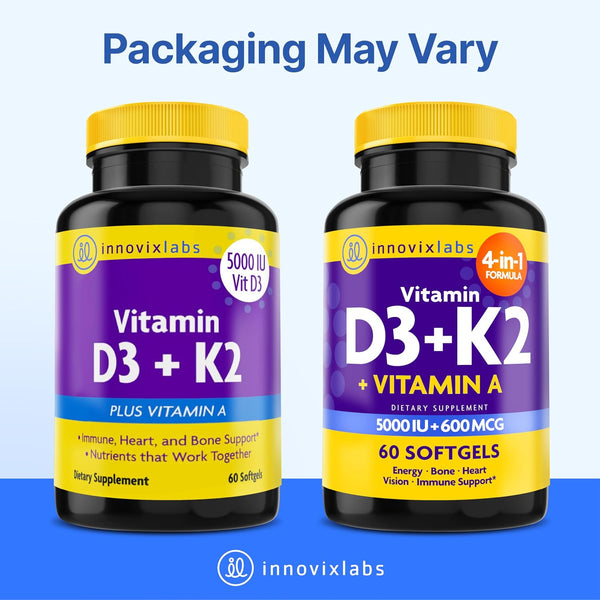 InnovixLabs Vitamin D3 K2-5000 IU Vitamin D3 Plus 600 mcg Vitamin K2 MK4 and MK7 for Max Calcium Absorption, Supports Bone, Immune, Heart Health,