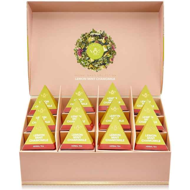 Teabloom Lemon Mint Chamomile Pyramid Tea Presentation Box, 12 Herbal Tea Blends