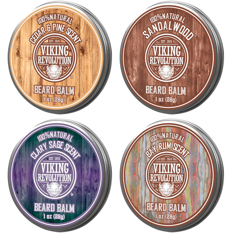 Viking Revolution 4 Beard Balm Variety Pack (1Oz Each) - Sandalwood, Pine & Cedar, Bay Rum, Clary Sage - Styles, Strengthens and Softens Beards