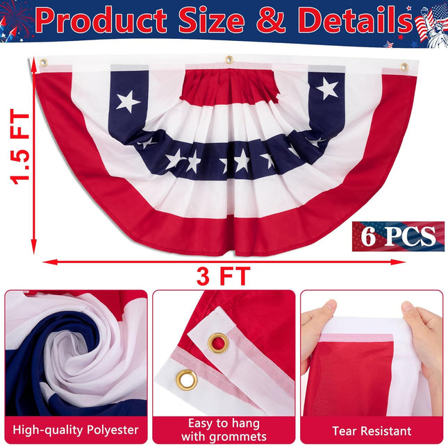 6 PCS 4Th of July Decorations Outdoor, 1.5 X 3 FT American Flag Banner, Patriotic Bunting USA Pleated Fan Flags US Half 
