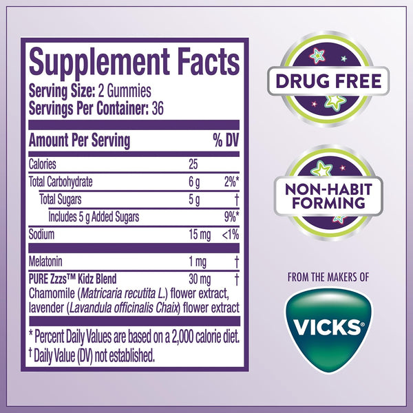 Pure Zzzs, Kidz, Kids Melatonin Gummy, Sleep Aid, Low Amount of Melatonin for Kids, with Chamomile and Lavender, 1 mg, Berry Flavored, 72 Count