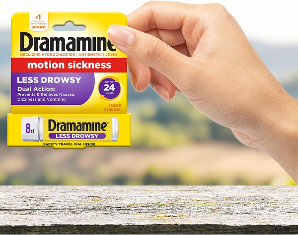 Dramamine Motion Sickness Less Drowsy, Travel Vial, Multicolor, 8 Count 8 Count (Pack of 1)