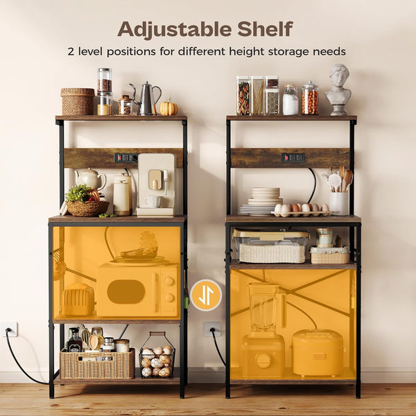 SUPERJARE Kitchen Bakers Rack with Power Outlet, Coffee Bar Table 4 Tiers, Kitchen Microwave Stand with 6 S-shaped Hooks, Storage Shelf Rack for