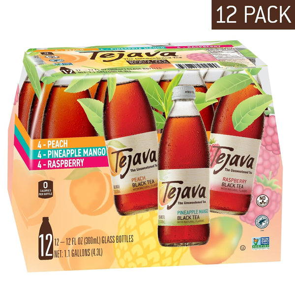 Tejava Black Tea Sampler, 12 Ounce (12-Pack) Glass, Peach, Raspberry and Pineapple-Mango, Ready-To-Drink Premium Iced Tea